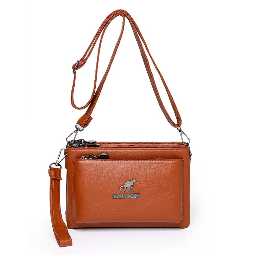 Soft Multiple Zip Pockets Shoulder Bag Waterproof Large Capacity PU Leather Crossbody Bag Simple Solid Color Square Phone Bag