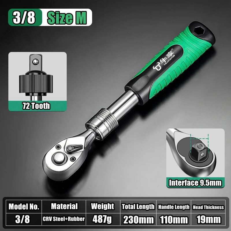 72Tooth Retractable Ratchet Wrench Automotive Repair Adjustable Drive Rotating Ratchet Quick Release 1/4 3/8 1/2" Manual Tool