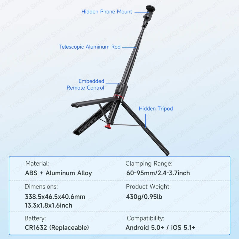 TOKQI TT01 Auto Pop Up Selfie Stick Tripod  Hidden Phone Clip Expandable 52.36" for Mobile Phone with Bluetooth Magnetic Remote