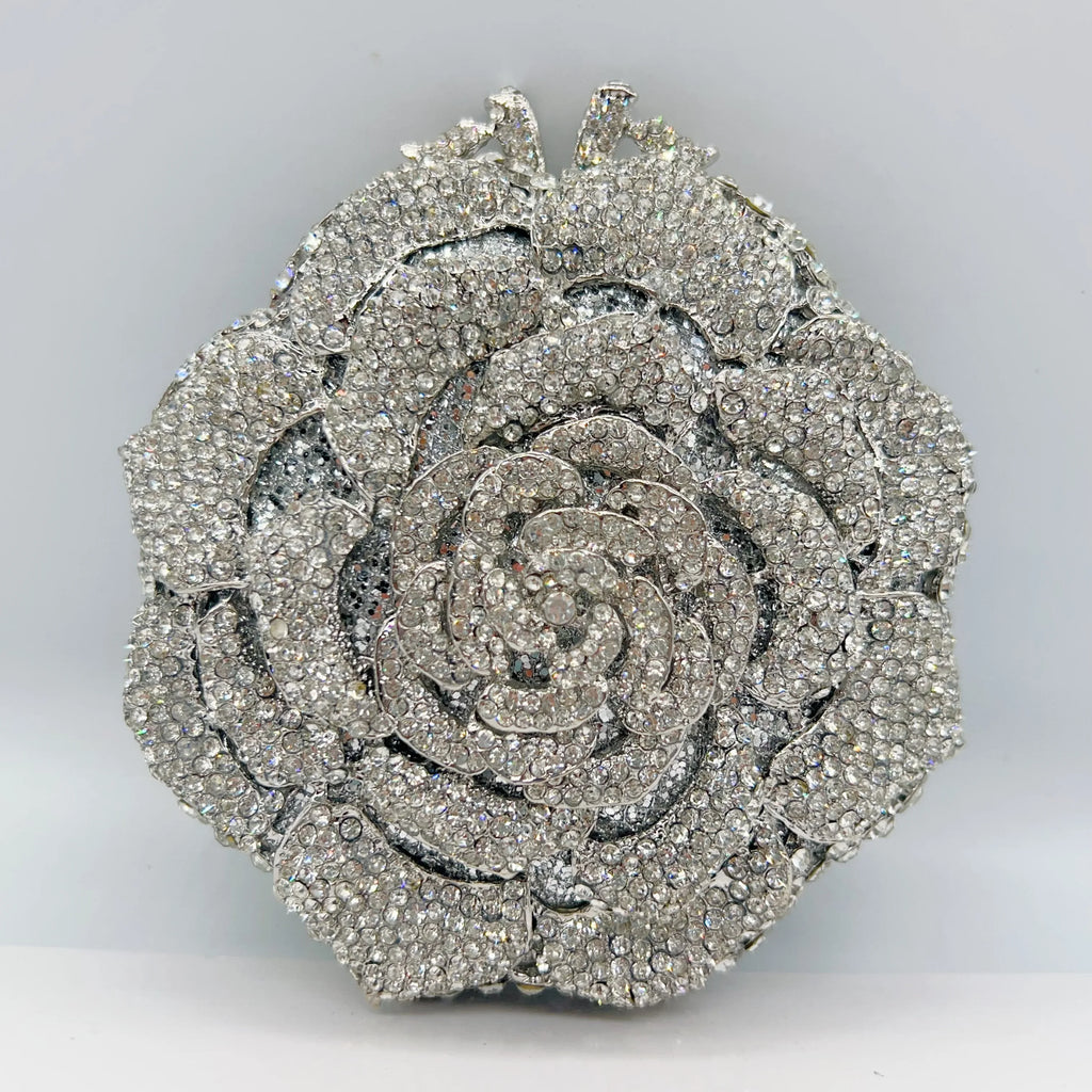 Luxury Rose Shape Diamond Rhinestone Clutch Bag Hollow Metal Banquet Wedding Handbag Women Evening Bag