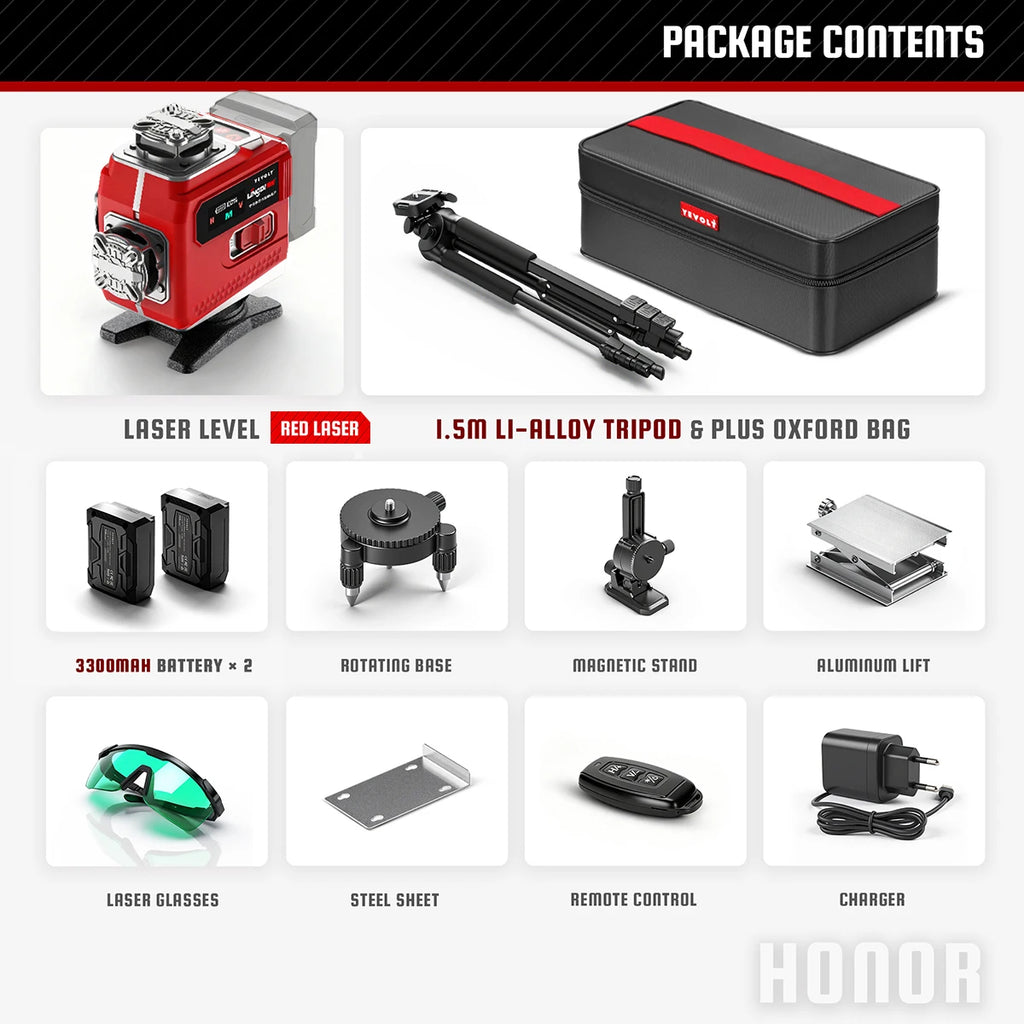 YEVOLT Industrial 16-Line Laser Level Auto-Calibration ±4° Self-Leveling Angle Outdoor Landscaping Anti-Shock Design