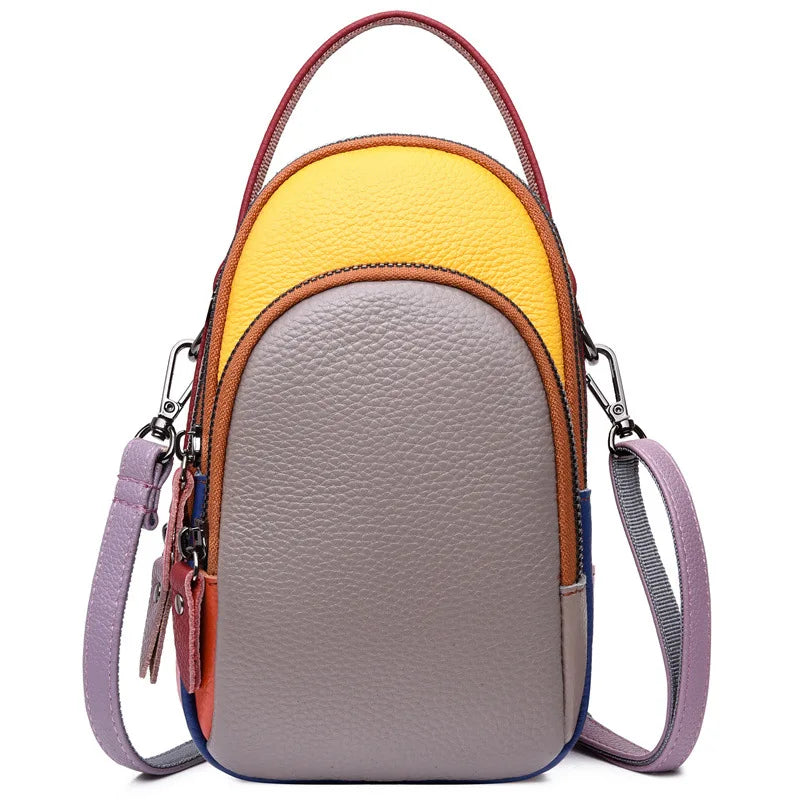 Leather mobile phone storage, hand-held crossbody bag with top layer cowhide color contrast, large capacity single-shoulder bag