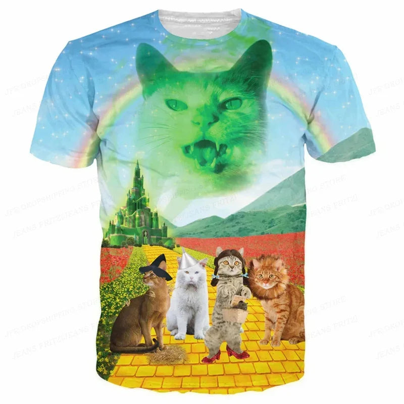 3D Printed Funny Cat T Shirt for Men Animal Food Pattern Tees Summer Street Oversize Short Sleeve Tops Loose Round Neck T-Shirts
