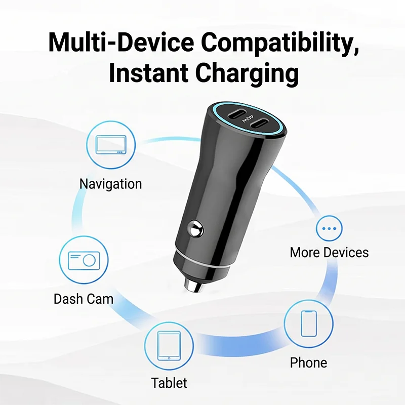 40W PD Dual USB C Car Charger, Mini Fast Adapter with Blue LED Ring For Safe Phone Tablet Dash Cam Navigation Power For iPhone
