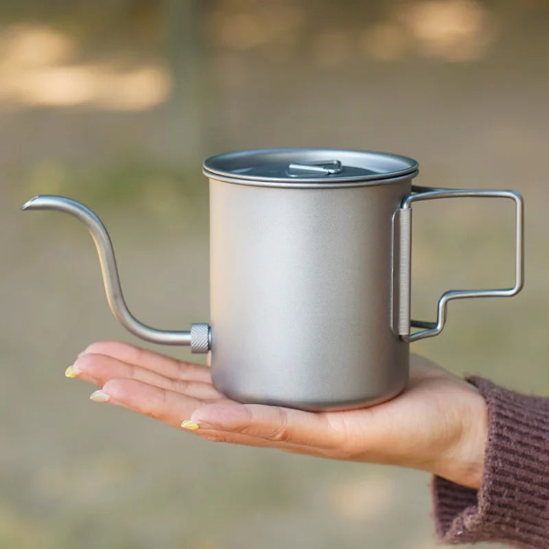 380ml Titanium Pour Over Coffee Kettle, Gooseneck Spout with Folding Handle, Lightweight Portable for Camping Hiking Travel