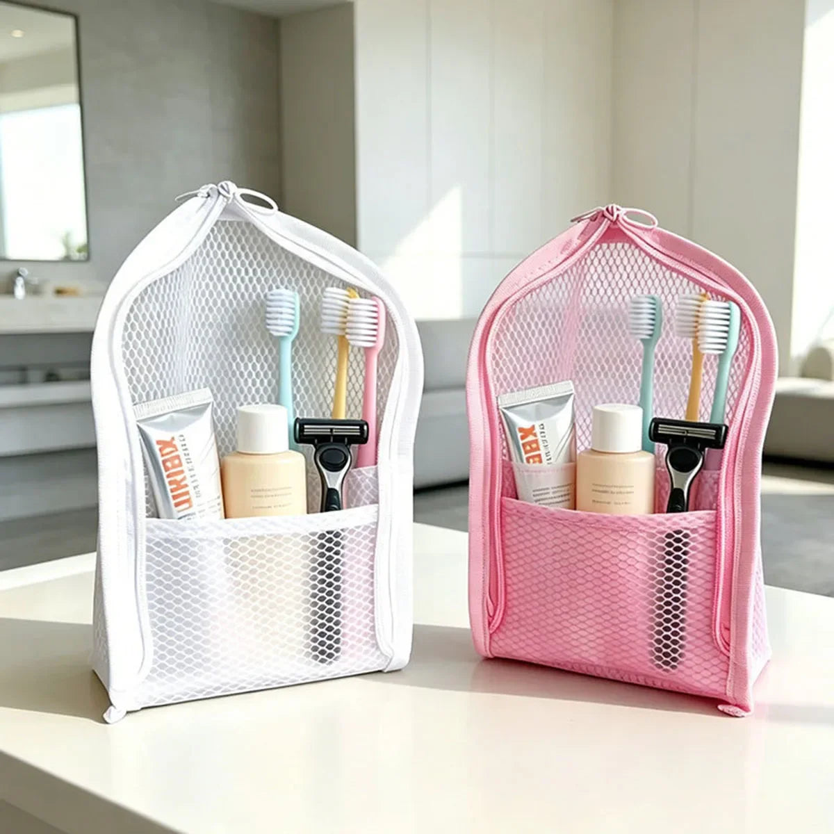 Large Capacity PVC Cosmetic Bag Waterproof Space Saving Toothbrush Toiletry Pouch Zipper Closure Vertical Design