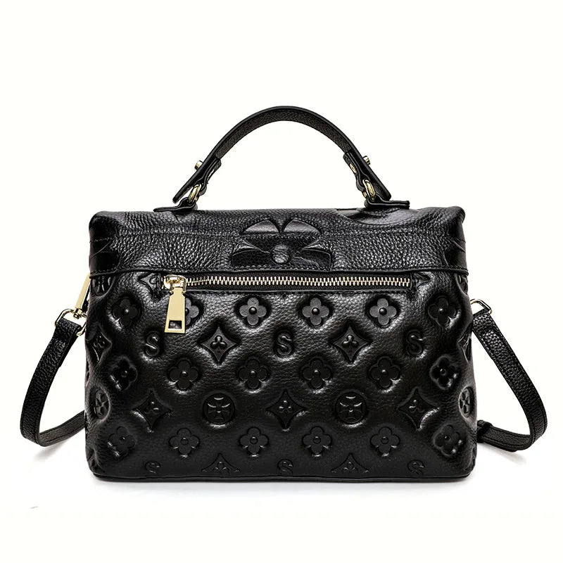 New Stylish Cowhide Shoulder Bags for Casual Middle-aged Moms, Printed Genuine Leather Crossbody Soft Handbags for Women