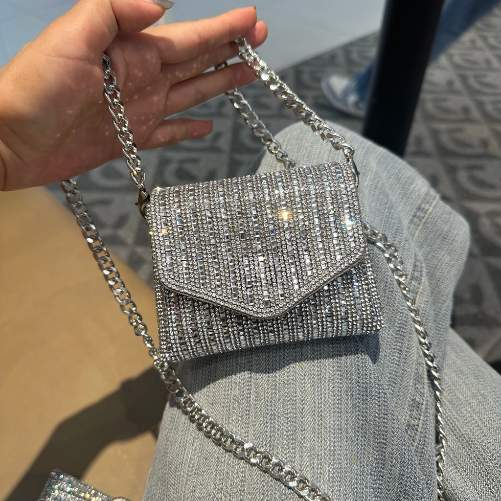 JIOMAY Rhinestones Bag for Women 2024 Mini Purses and Handbags Clutch Wallets Ladies PU Leather Chain Party Evening Shoulder Bag