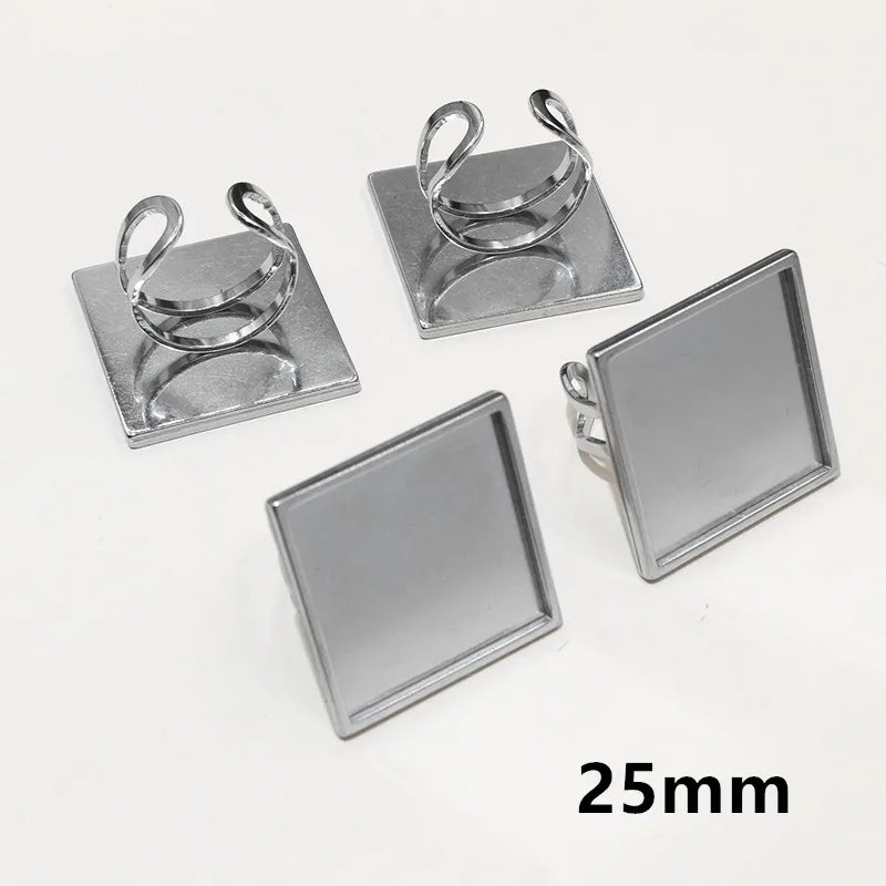 5pcs Stainless Steel Square Rectangle Thick Adjustable Ring Blank Base Settings ,Fit 12/20/25mm Cabochons DIY Rings Bezel Tray