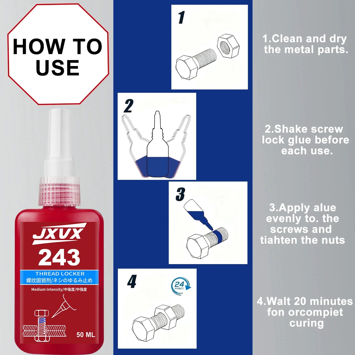 243 Blue Threadlocker Medium Strength 50ml Threadlocker Anaerobic Glues Anti Loose Screw Glues Fastening Sealant Quickly Cured Thread Locking Agent Sealant for Screws.