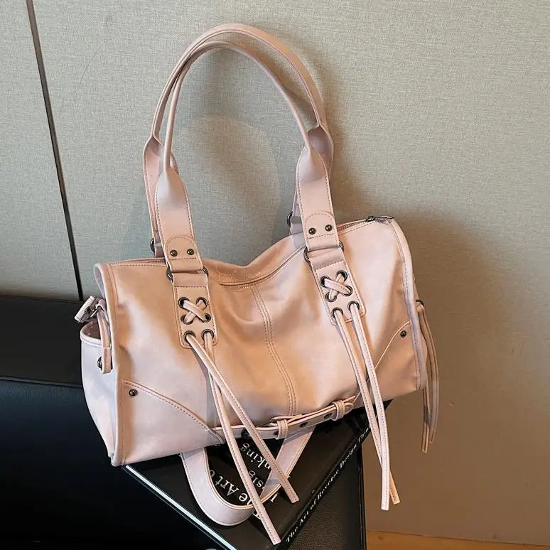 Women's Vintage Faux Leather Tote Bag, Large Capacity Crossbody Shoulder Purse with Lace-Up Detail, Casual Streetwear Use