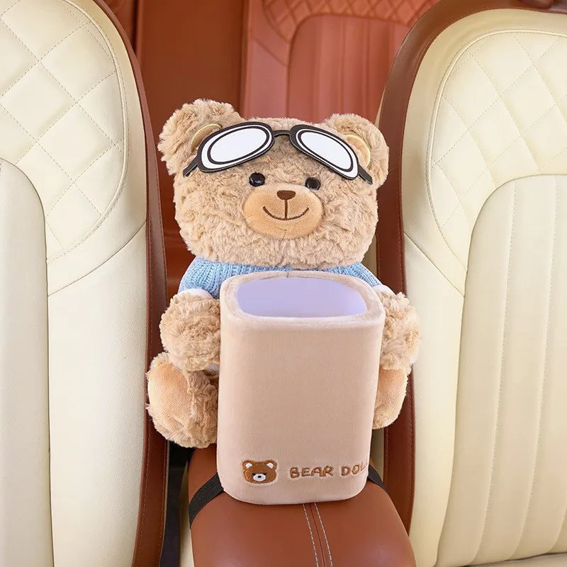 Cute Bear Car Tissue Boxes and Bin 2 in 1, Creative Storage Rack, Armrest Storage Cute Car Accessories Tissue Holder