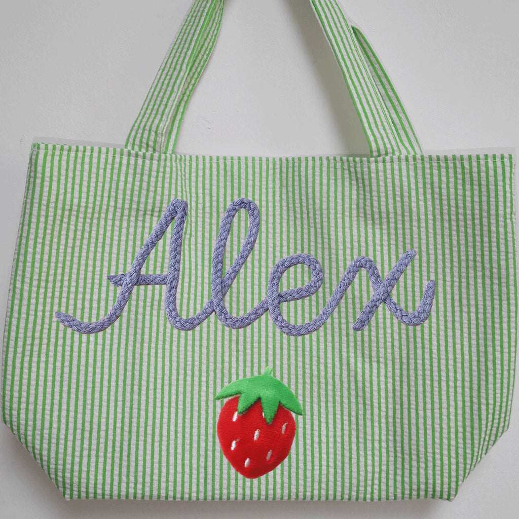 Custom Seersucker Cosmetic Handbag and Travel Organizer — Personalized Chenille Letter Toiletry Bag and Summer Beach Tote