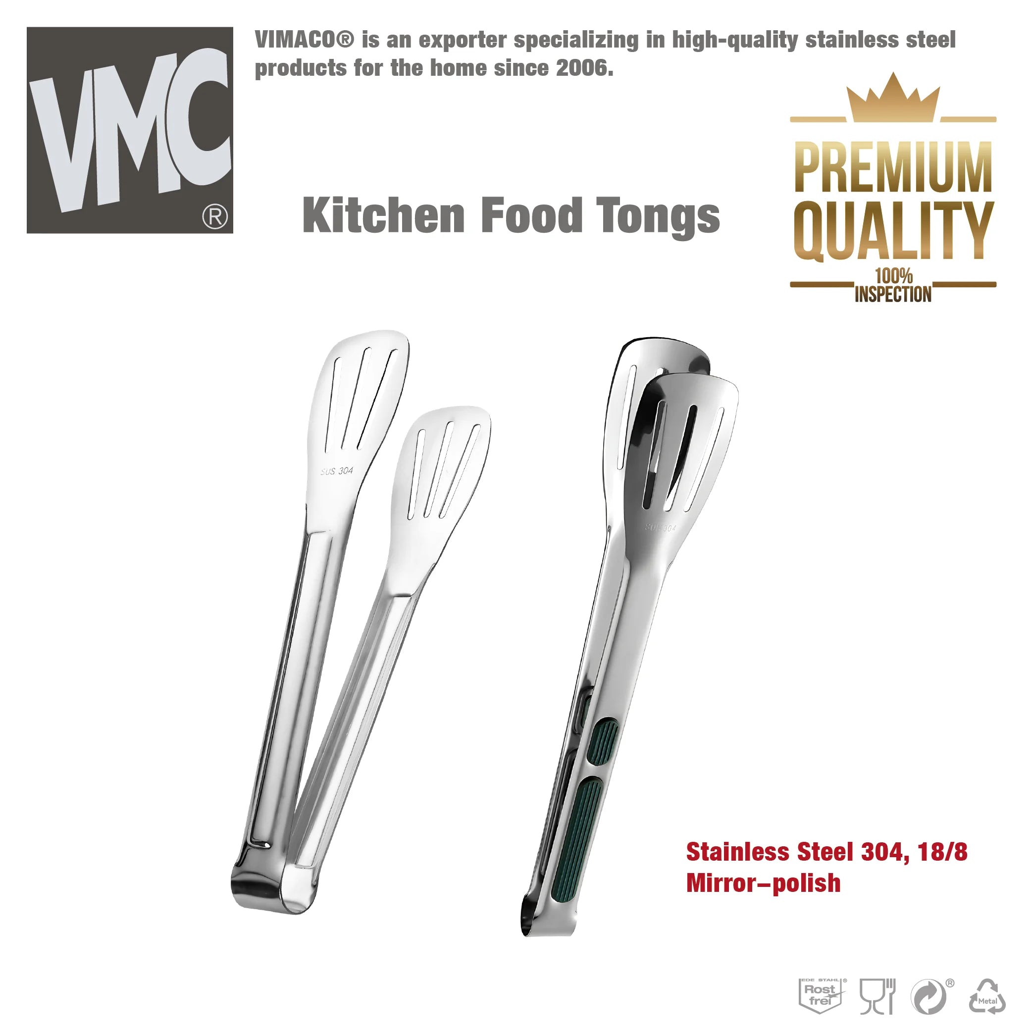 VIMACO® High Quality Stainless Steel 304 18/8 Food Tong Small Serving Utensils for Cooking Entertain Salad Barbecue Buffet Toast