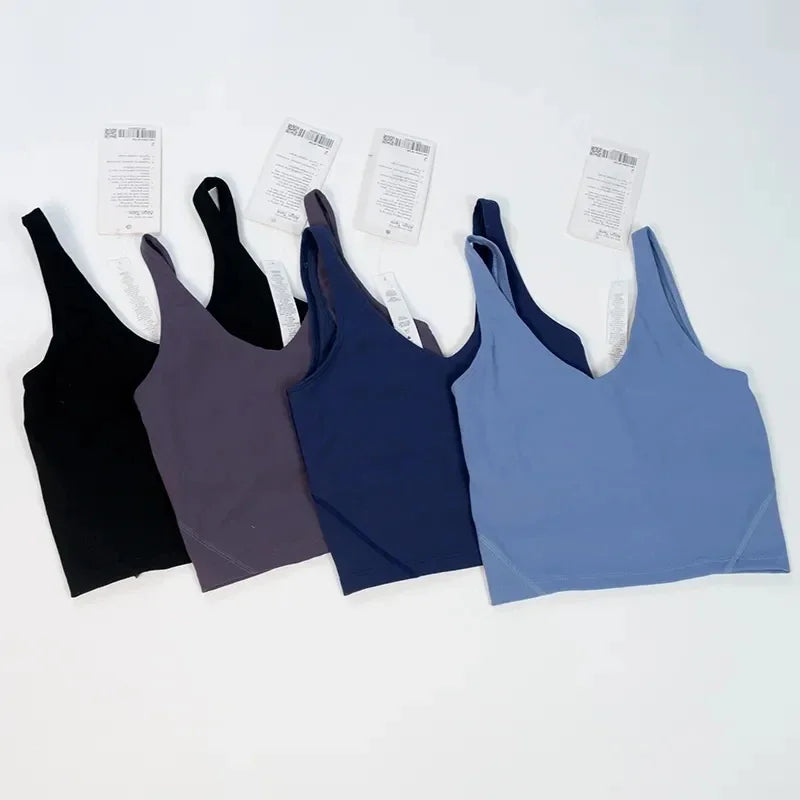 Women's yoga vest with U-shaped straps and built-in breast pads, offering a bare-skin feel suitable for fitness and exercise.