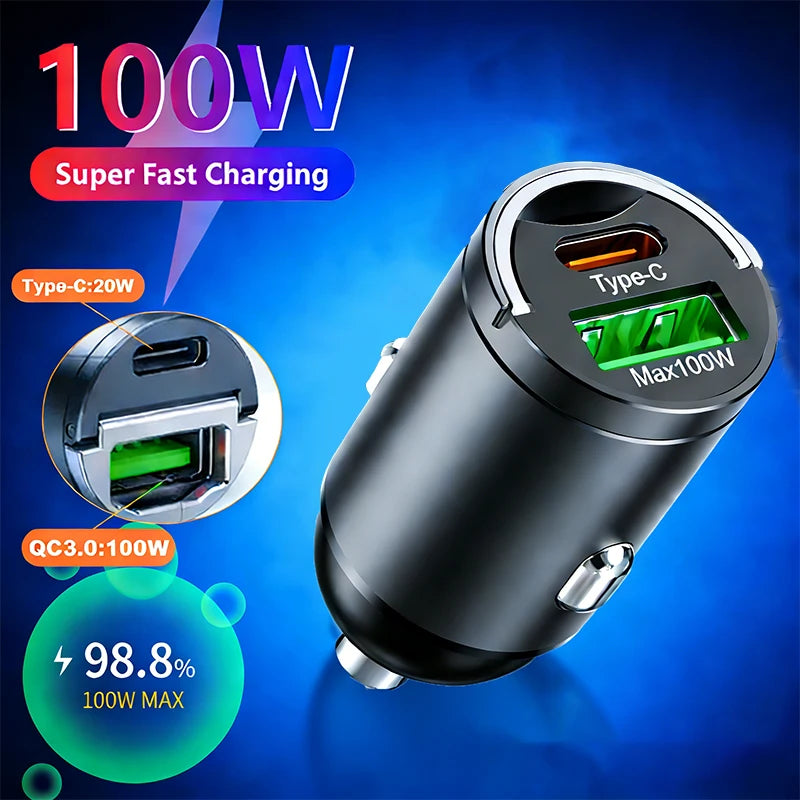 Mini Dual 2 Port Car Charger 100W Super Fast Car Charger Adapter USB Type C PD30W Fast Charging For iPhone 17 16 Pro For Samsung
