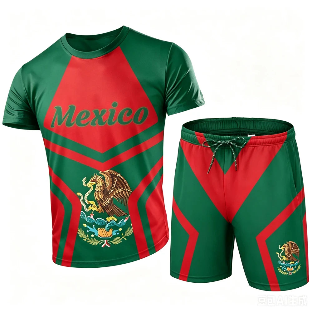 Mexico National Flag Pattern Men's Sets Fashion 3D Eagle Printing Short Sleeve Tees and Shorts 2 Piece Casual Loose Summer Suits
