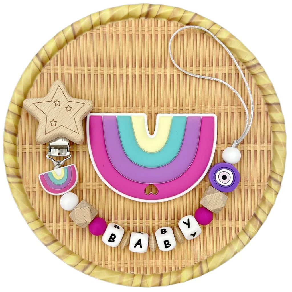 Custom Letter Name Rainbow Pacifier Clips Chain Teether Pendants for Baby Infant Chew Leash Nipple Holder Teether Creative Gifts