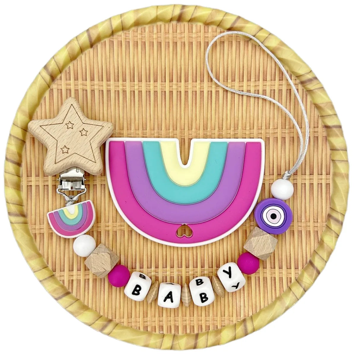 Custom Letter Name Rainbow Pacifier Clips Chain Teether Pendants for Baby Infant Chew Leash Nipple Holder Teether Creative Gifts