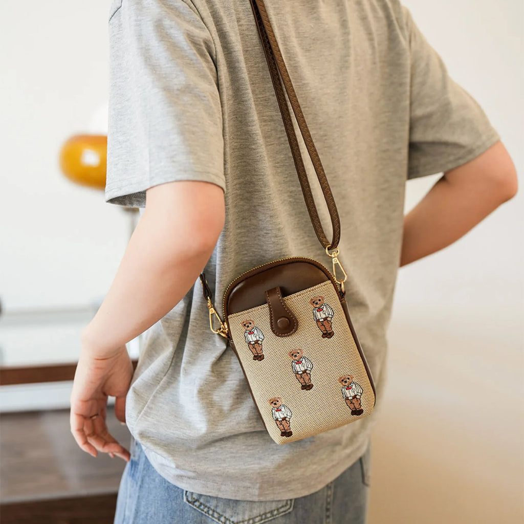 Canvas Embroidered Bear Mobile Phone Bag for Women Large Capacity Crossbody Bag with Compartments