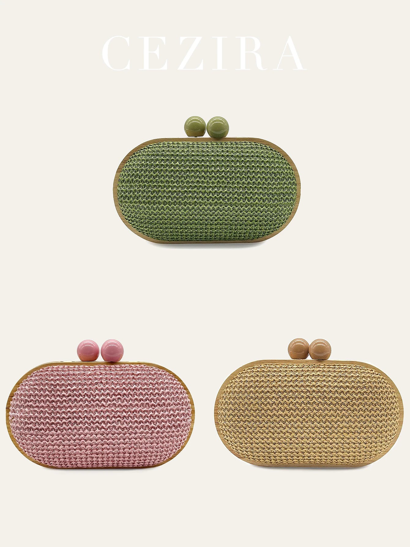 CEZIRA Women's Fashionable Straw Woven Clutch Wooden Frame Clip Closure Evening Bag Hard-case Long Chain Handbag Purse Holiday