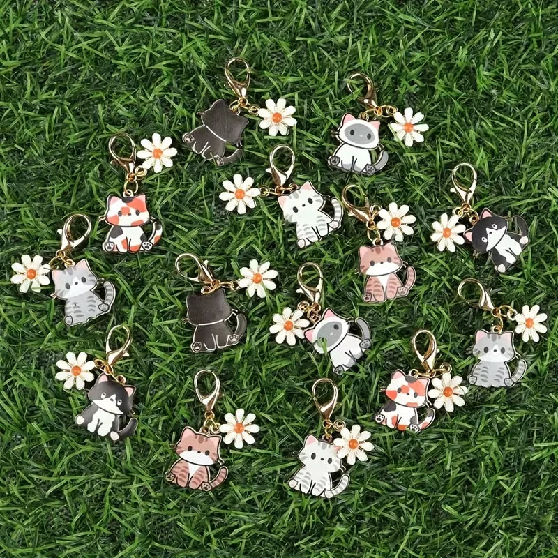 7/14-Piece Cute Cartoon Cat and Daisy Keychain Set, with Inspirational "Thank You" Cards, Stylish Animal and Floral Charms, Suitable for Car Keys and Bags — a Thoughtful Gift for Family and Friends