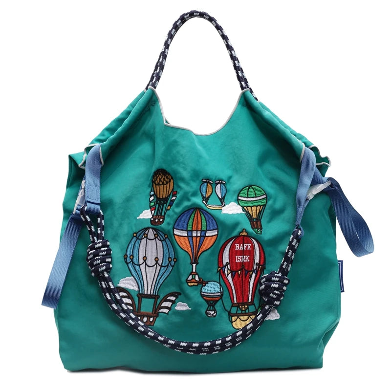 Fashion Embroidered Hot Air Balloon Pattern Large Capacity Lady Canvas Bag New Drawstring Shopping Handbag Thin Style Canvas Bag