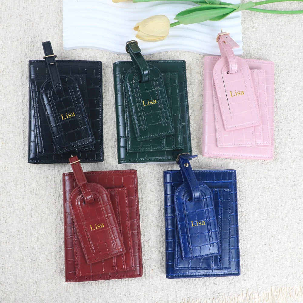 Customized name PU leather luggage tag card case passport case combination card case anti-theft travel suitcase accessories
