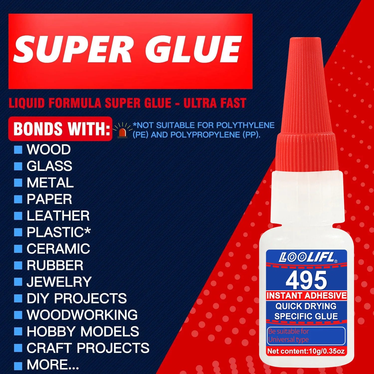 Loolifl 495 Super Glue 10g Fast Curing Instant Adhesive with Precision Tips, Low Odor Multi-Material Cyanoacrylate Glue for Repa