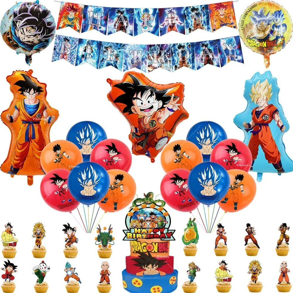Dragoned Ball Z Balloons Happy Birthday Banner Goku Vegeta Ballons Party Decoration Plate Disposable Tableware Cake Topper Toy
