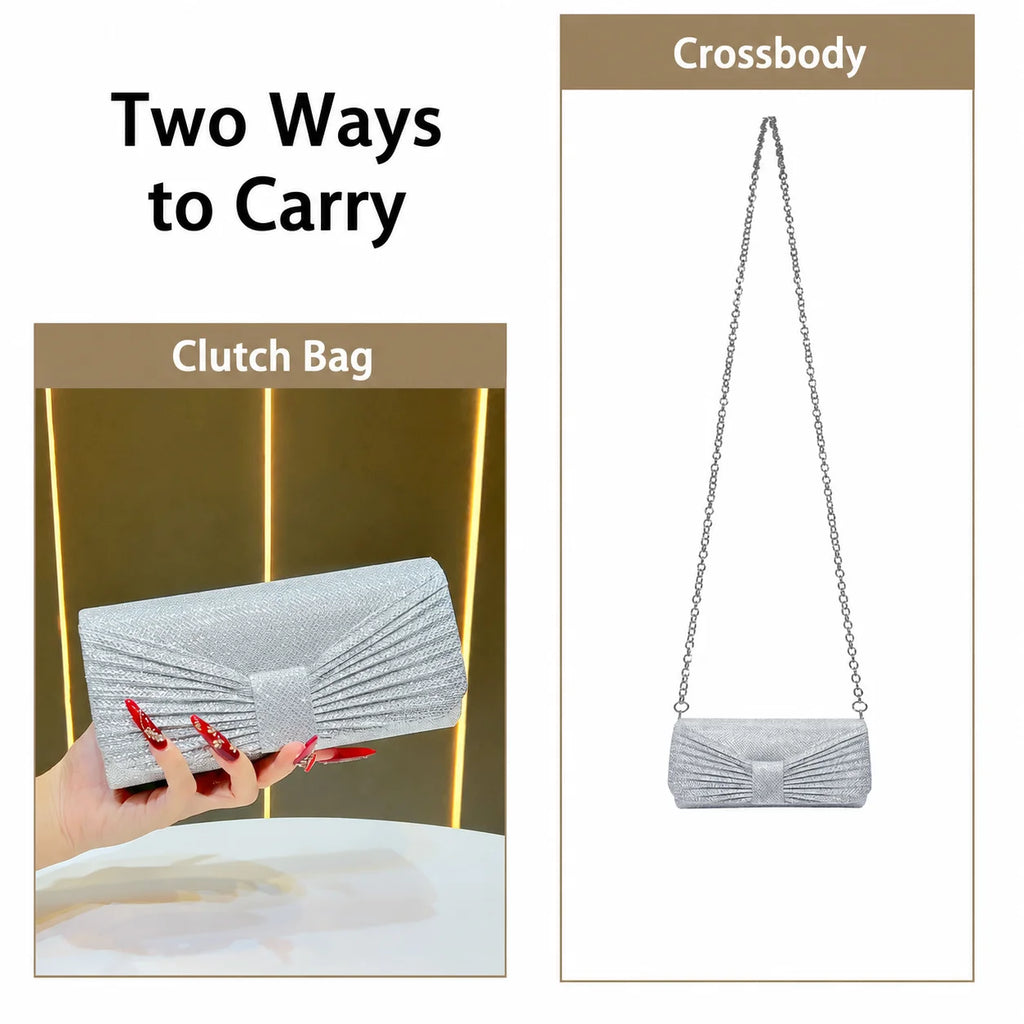 Glitter Evening Clutch Bag Women Luxury Pleated Bowknot Party Purse Shiny Wedding Bridal Handbag Gold Silver Black Envelope Bag