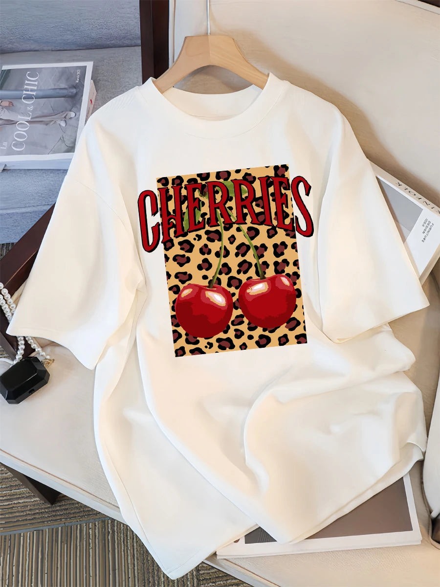Plus Size Leopard Cherry Creative Design Womens Tee Shirts Casual T Shirt Summer O-Neck Streetwear Soft Oversized Short Sleeve
