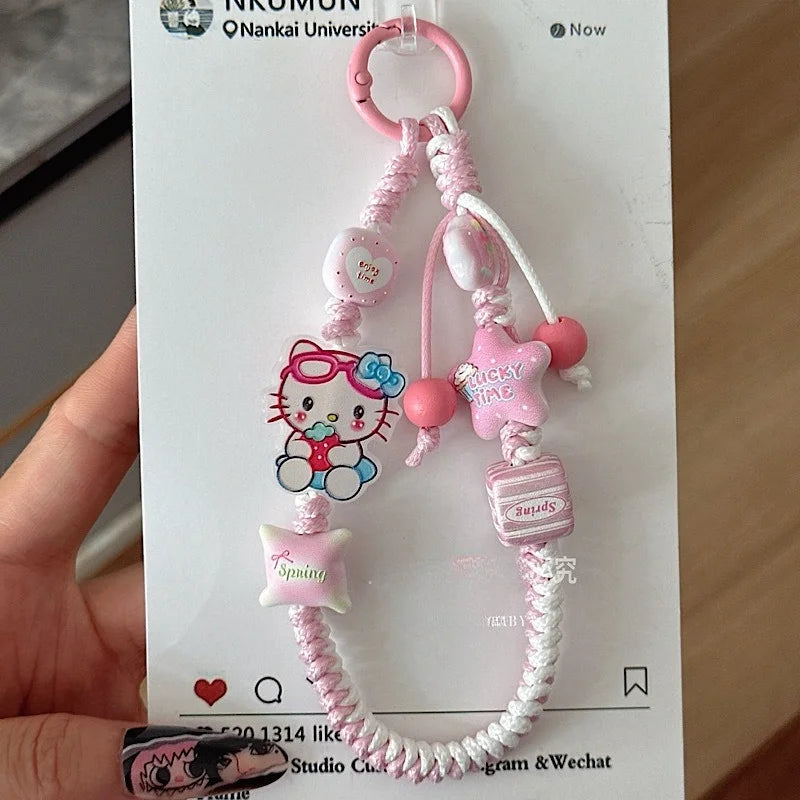 INS Sanrio Hello Kitty Sweet Pink Hand Woven Phone Case Wrist Strap Bead Keychain Bag Decor Pendant for Girl Woman Phone Lanyard