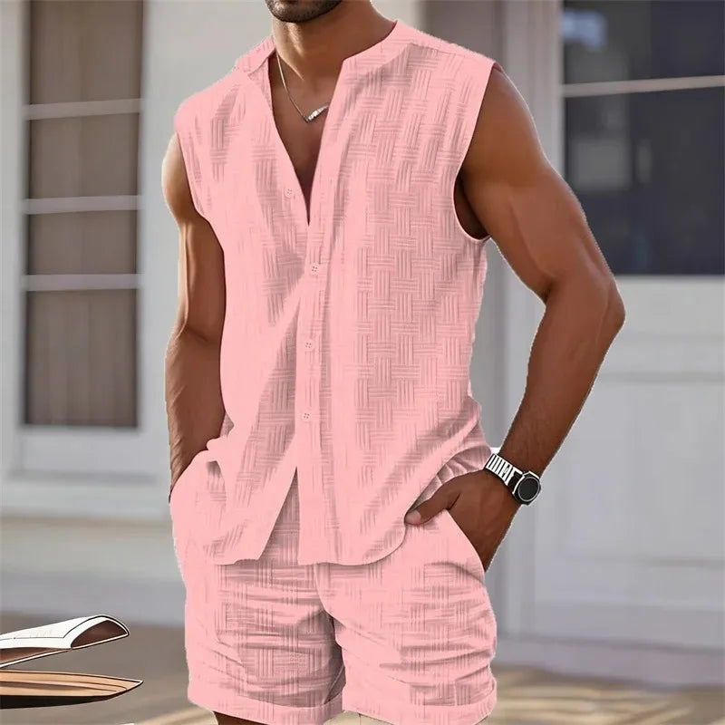 Men's vest shirt, sleeveless top and shorts two-piece checkered set, casual and fashionable Hawaiian beach set