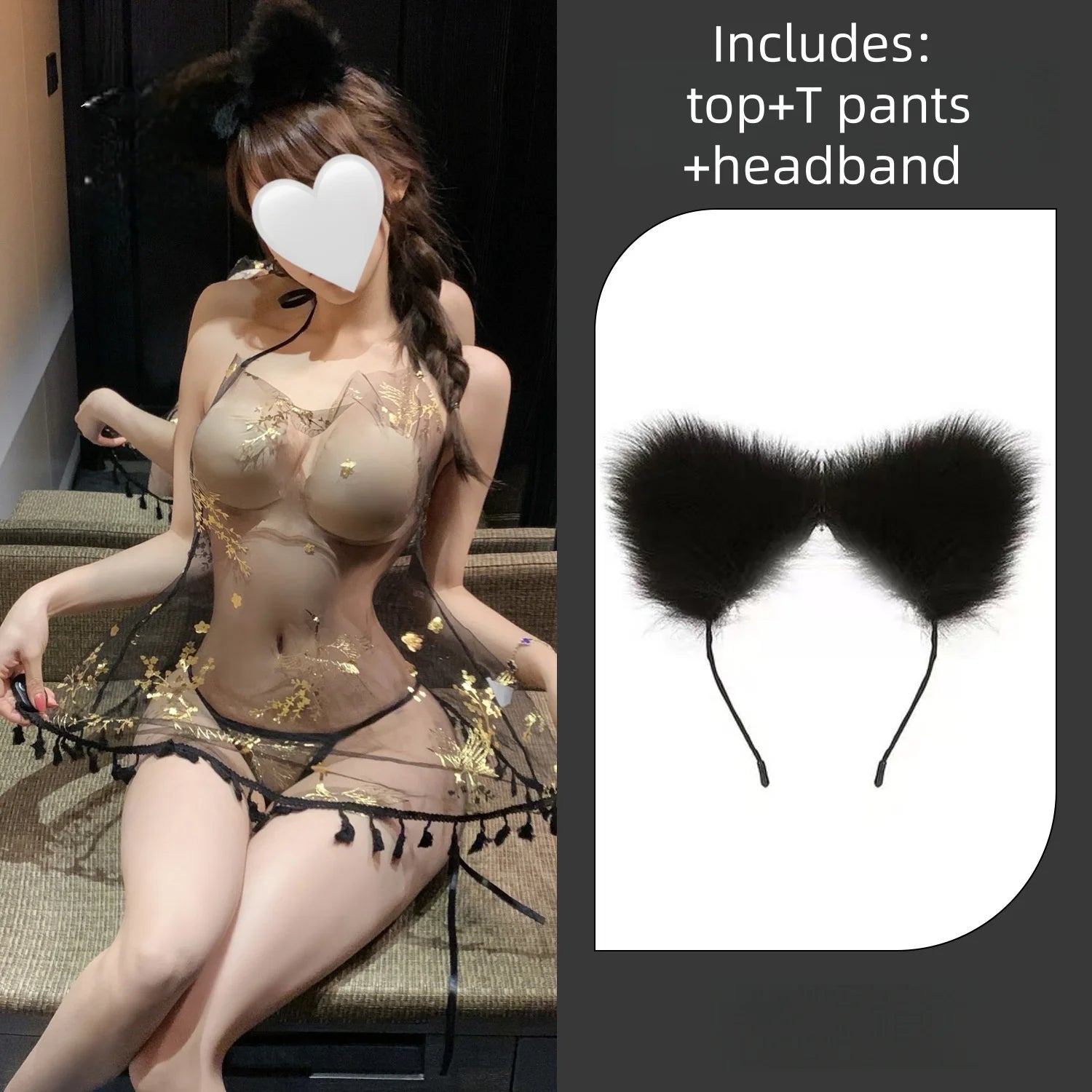 New Flirtatious Backless Chinese Style Hot Stamping Crane Nightgown Neck Hanging Suspender Perspective Erotic Lingerie Seductive