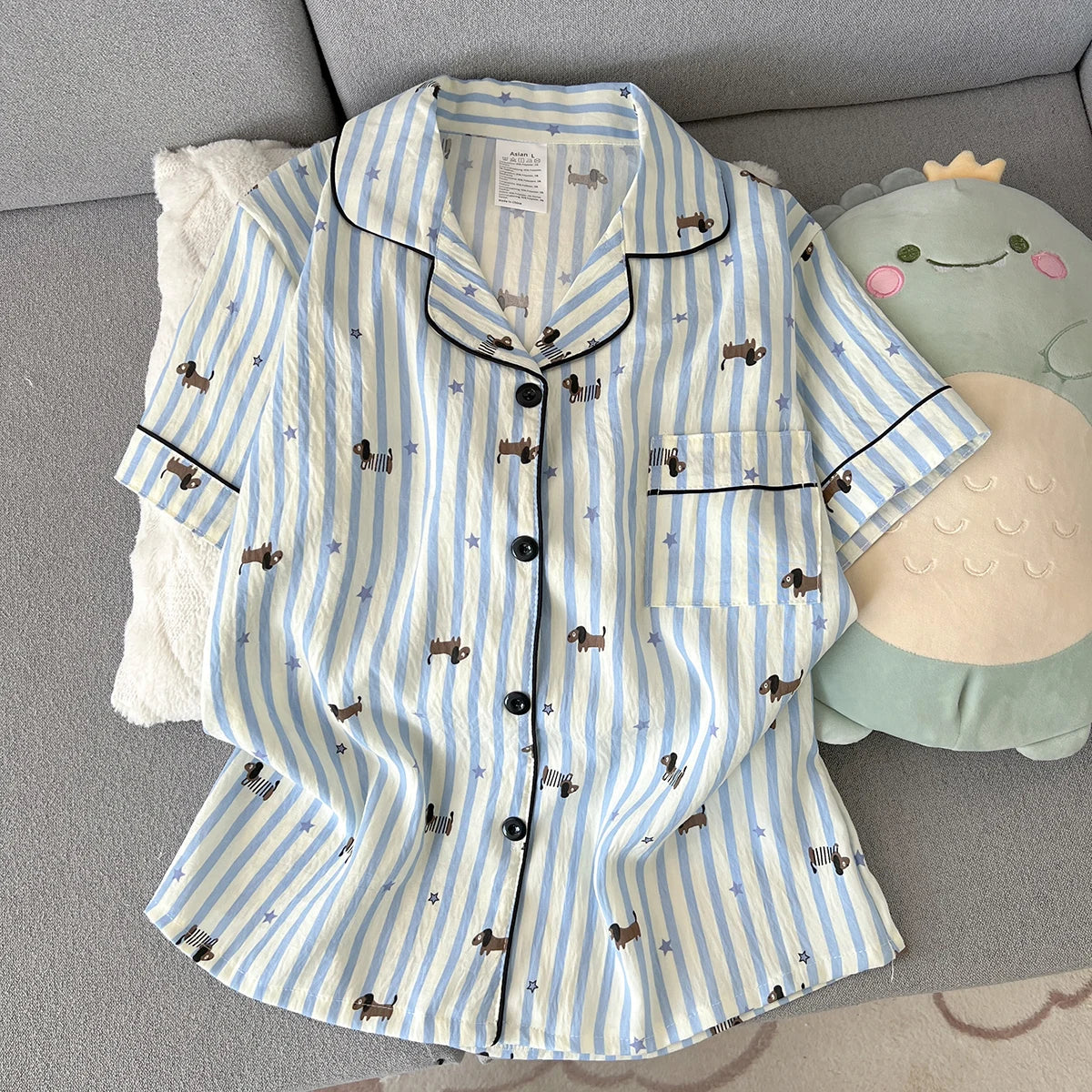 Women's Summer Pajamas, Thin Striped Puppy Pattern Short-Sleeved Shorts, Sweet and Cute, Can Be Worn Outside in Summer, Two-Piece Home Wear Set