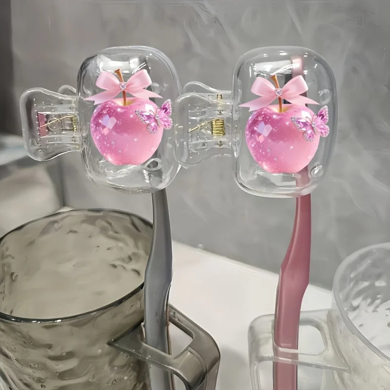 2pcs Beautiful Pink Apple Toothbrush Case Portable Dustproof Odorless Toothbrush Holder with Ventilation Holes Gifts For Family