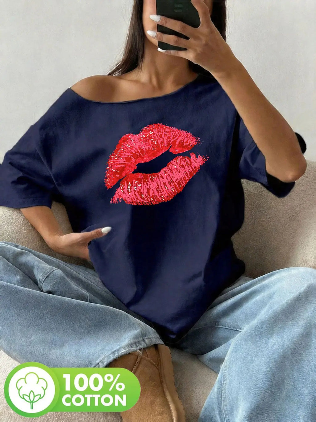 Plus Size 100% Cotton Shoulder Loose Print T-Shirt Oversized Y2K Style Graphic Tees Women Tops Summer Off The Shoulder Top wi