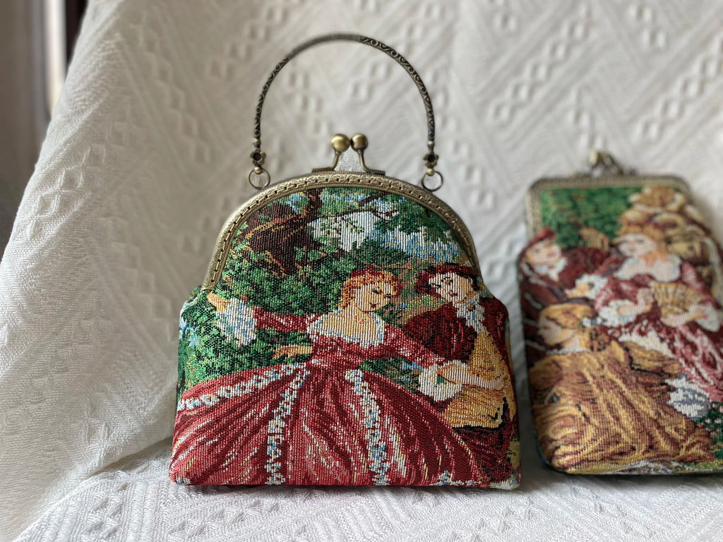 Lost in Vintage 1950s Tapestry Figural Purse Aubusson Clutch Figural Bamboo Handle Bag Vibrant Scenic and Romantic Figures Lamb