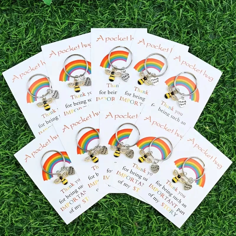 10 Bee-Themed Thank You Cards with Keychains, Perfect for Birthdays, Weddings, Teacher's Day, Graduation Ceremonies, and Back-To-School Season, Featuring a Hug Symbol and a Proud Rainbow Design on the Cards — an Ideal Gift