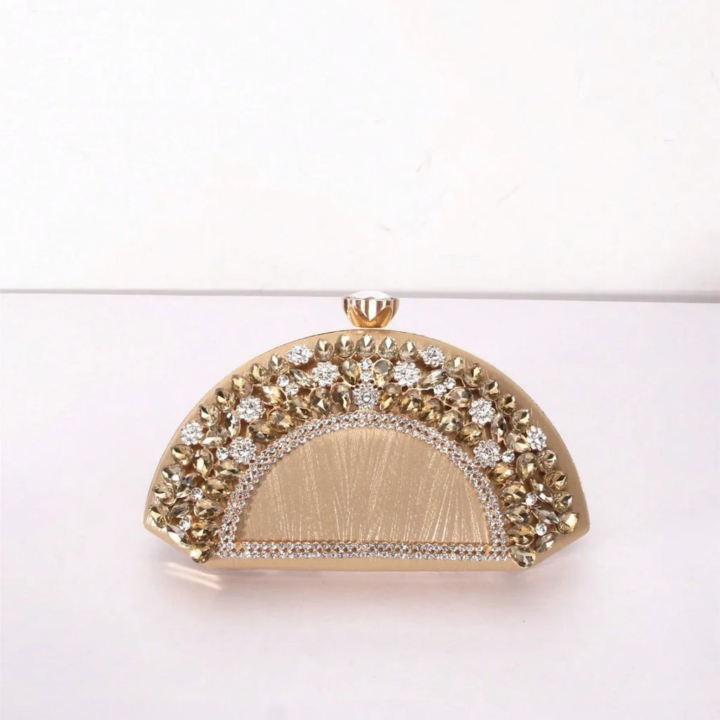Luxury Collection Four Elegant Semi Circular Handbags in Black Pink Silver Sparkling with Golden Accents Colorful Gems