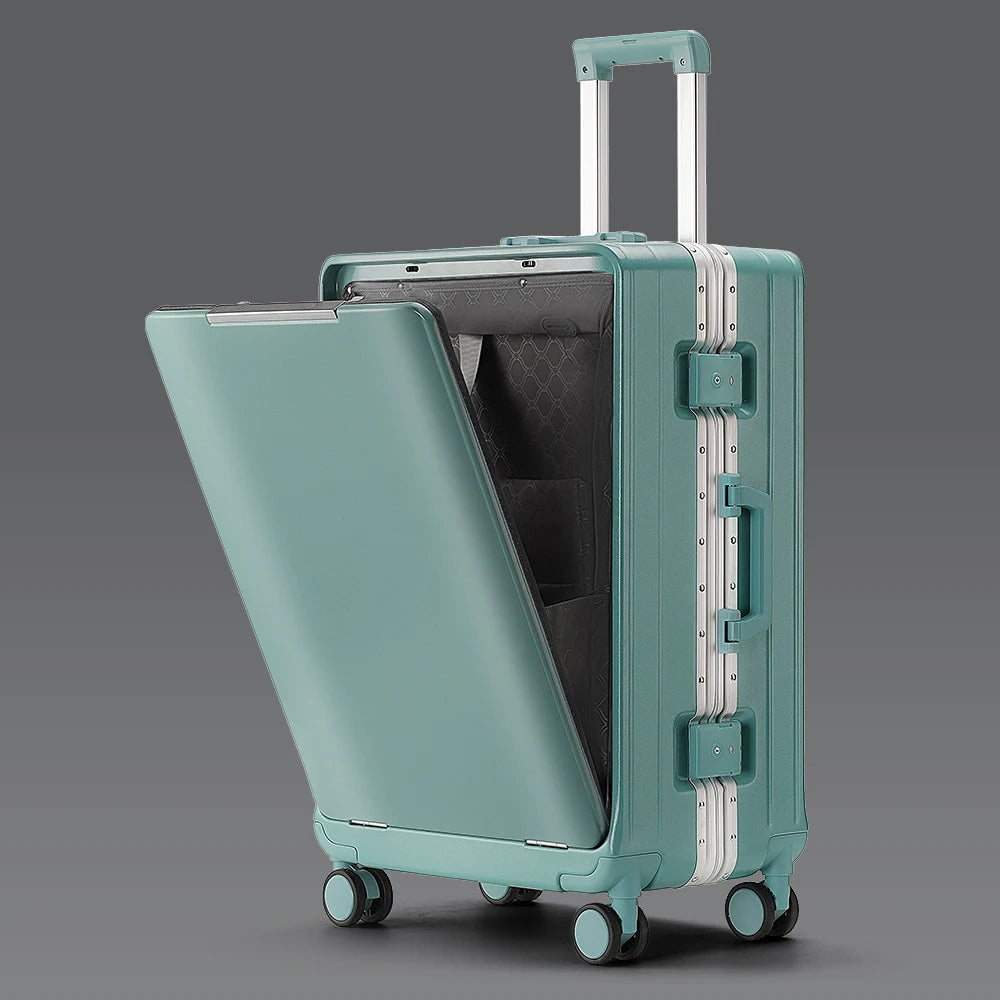 KLQDZMS Front Opening Compartment Multifunctional Aluminum Frame Luggage 20/24/26 Inch  Large Capacity Password Travel Suitcase