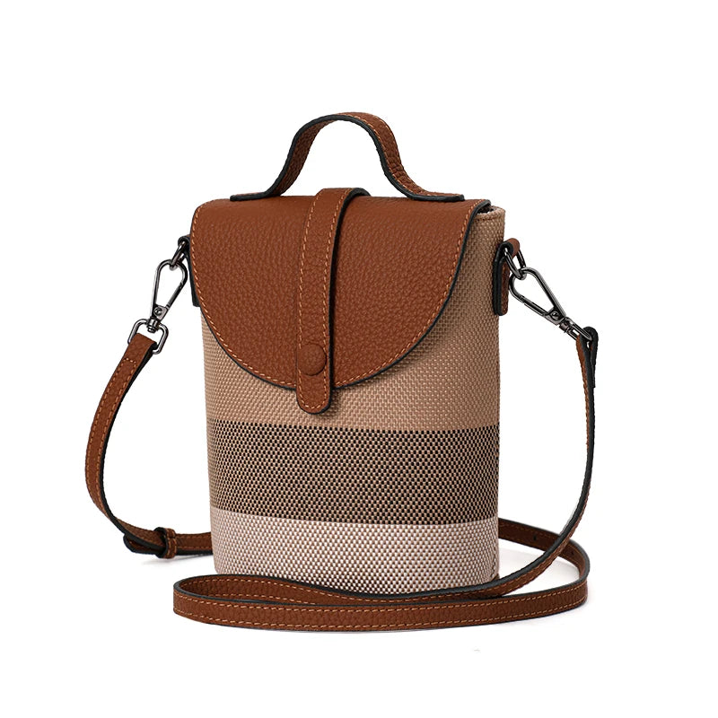 Women's Canvas Spliced Cowhide Shoulder Bag, Mini Striped Flap Handbag, Coin Purse & Crossbody Bag