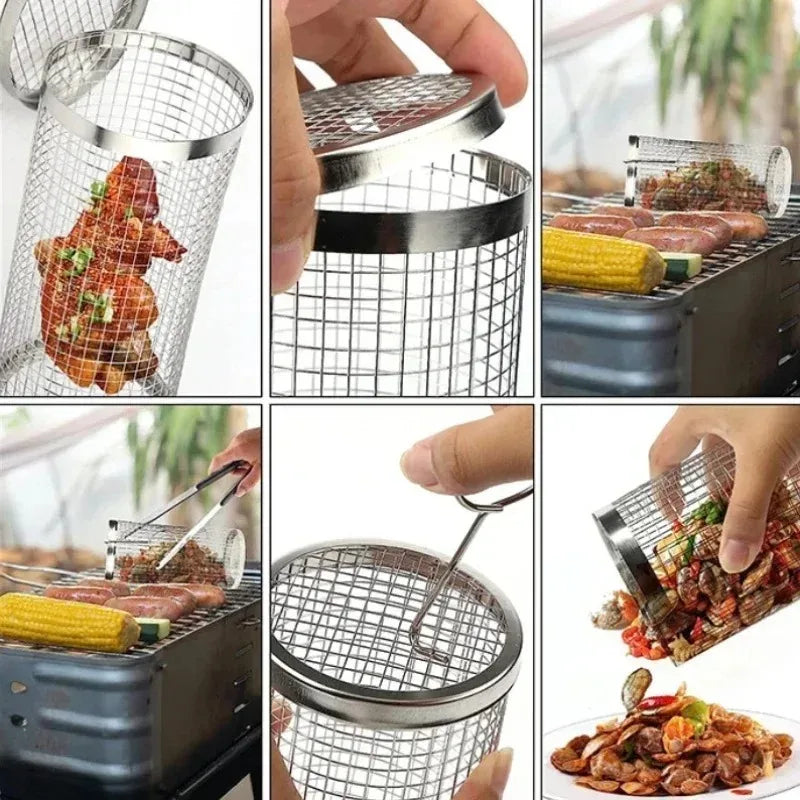 Stainless Steel Rolling Barbecue Basket Cylindrical Barbecue Basket Wire Mesh Portable Outdoor Barbecue Grill