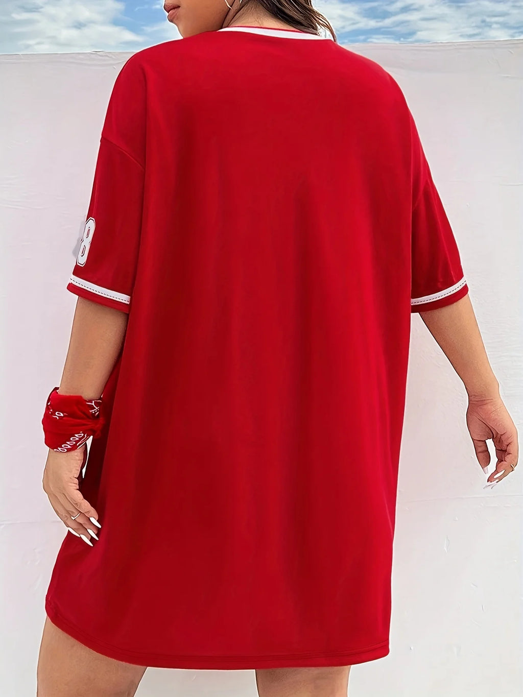 Plus Size Women's Casual V-Neck Sleeveled Vibrant Red with Bold '98' Graphic Printed T-shirt Loose Fit Summer Breathable Tee