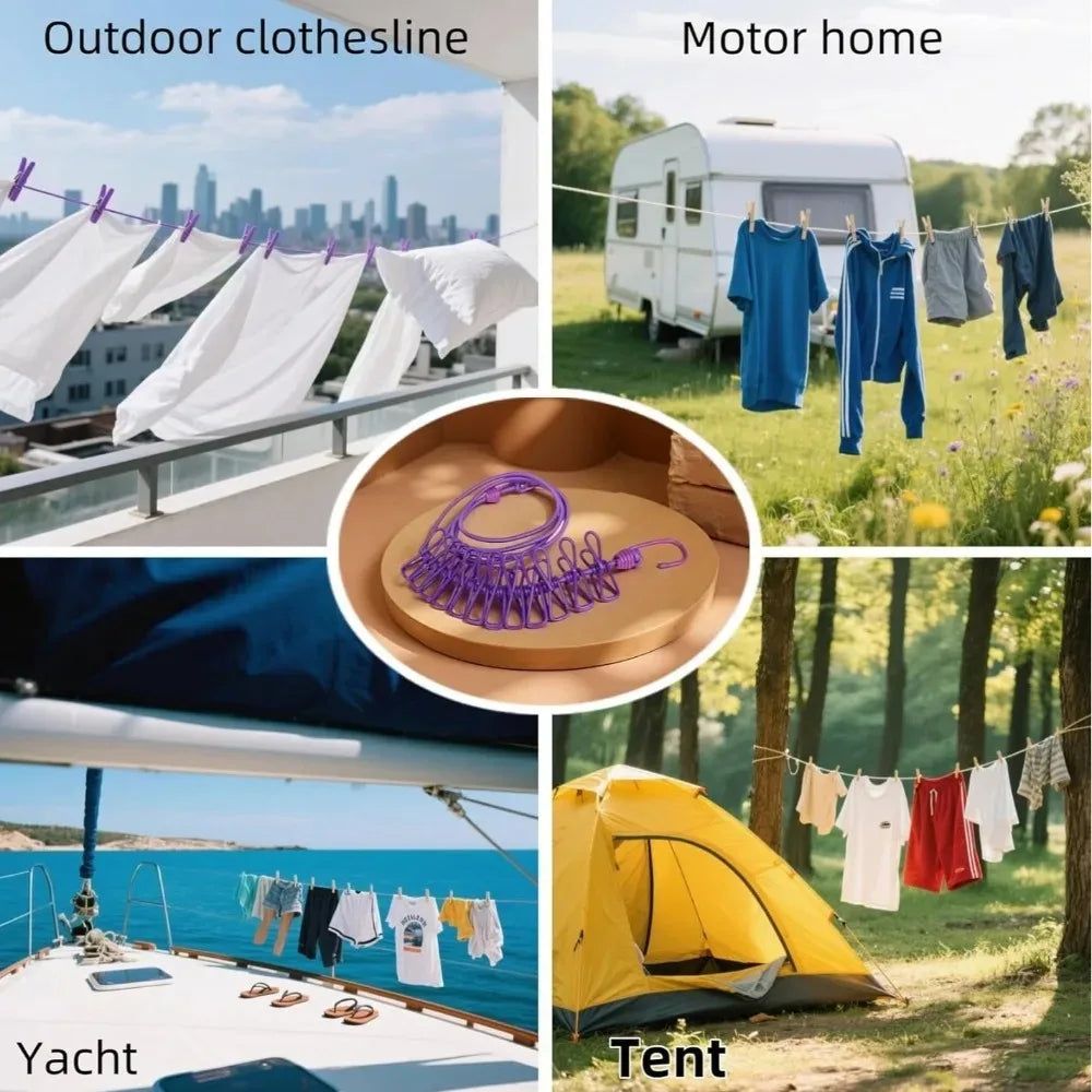 12 Non Slip Clips Windproof Elastic Travel Clothesline with Hook for Outdoor Camping Beach Dormitory RV Portable Drying Tools