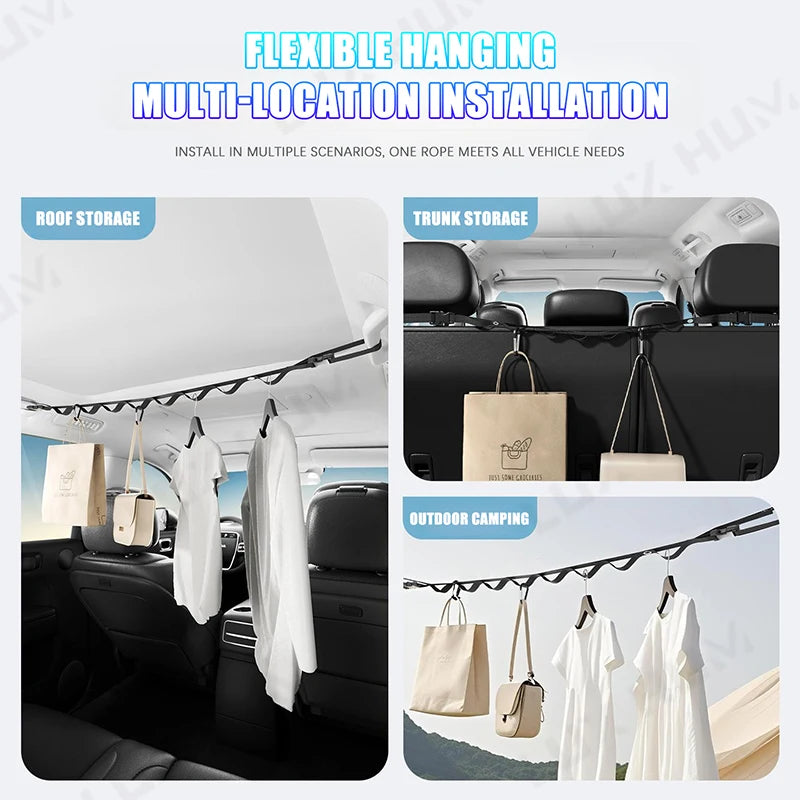 Portable Car Clothes Hanging Rope Multi-Functional Auto Interior Clothesline Organizer for Camping Travel Large Load-Bearing