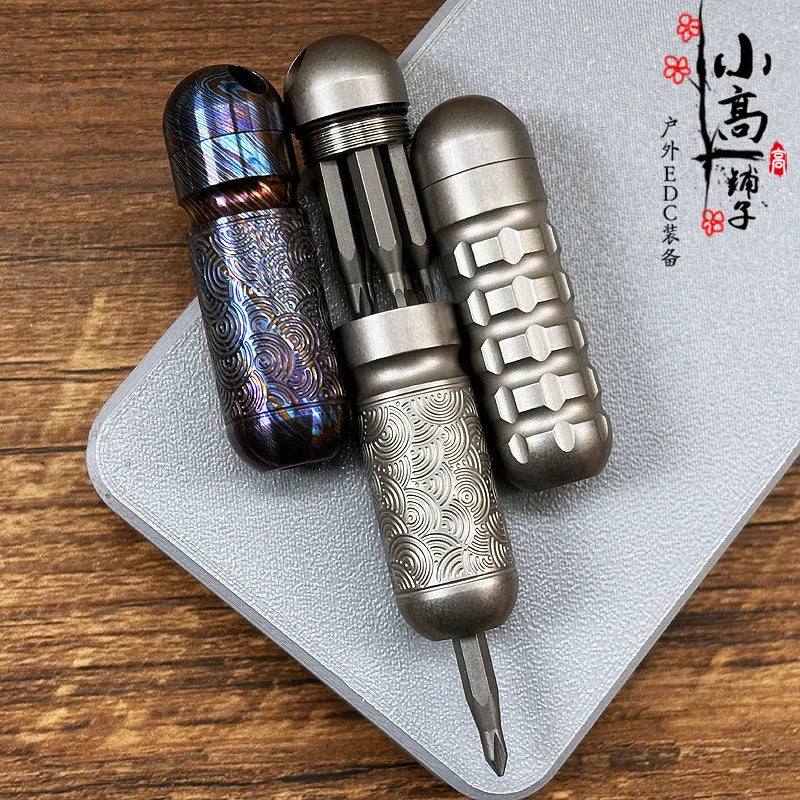 Titanium Damascus EDC Multi-Tool | Portable Screwdriver Bit Holder & Waterproof Canister