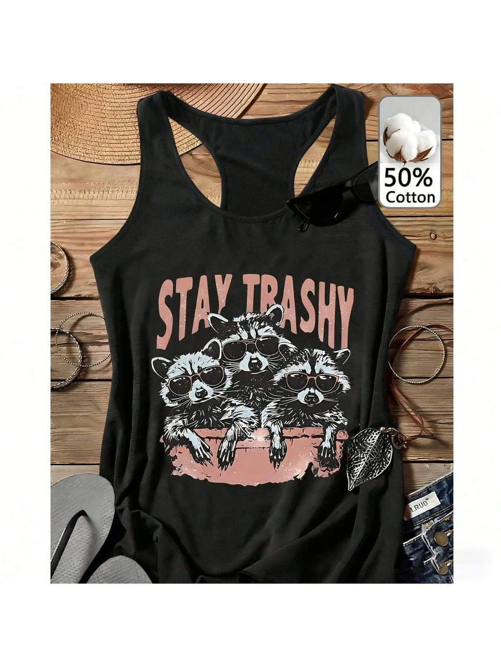 Summer Women's Plus Size Outfit, Funny Sunglasses, Raccoon Print Tank Top, High Street Style Black Casual Sleeveless Top