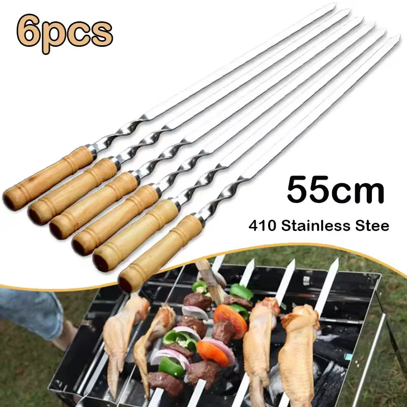 45/55cm BBQ Fork Wood BBQ Skewers Long Handle Kebab Barbecue Grill Sticks Reusable Stainless Steel Outdoor Camping Grill Needle